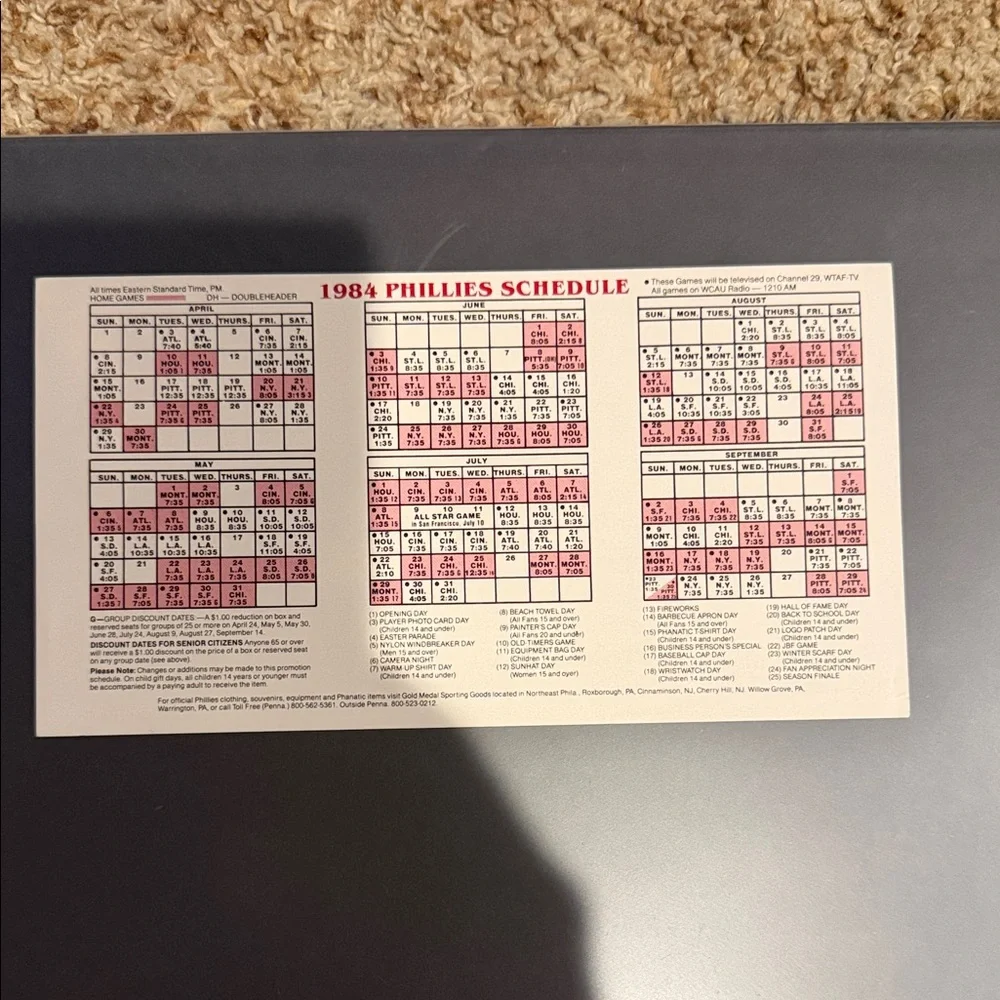 Vintage 1984 Philadelphia Phillies Schedule, News Talk 1210 WCAU-AM